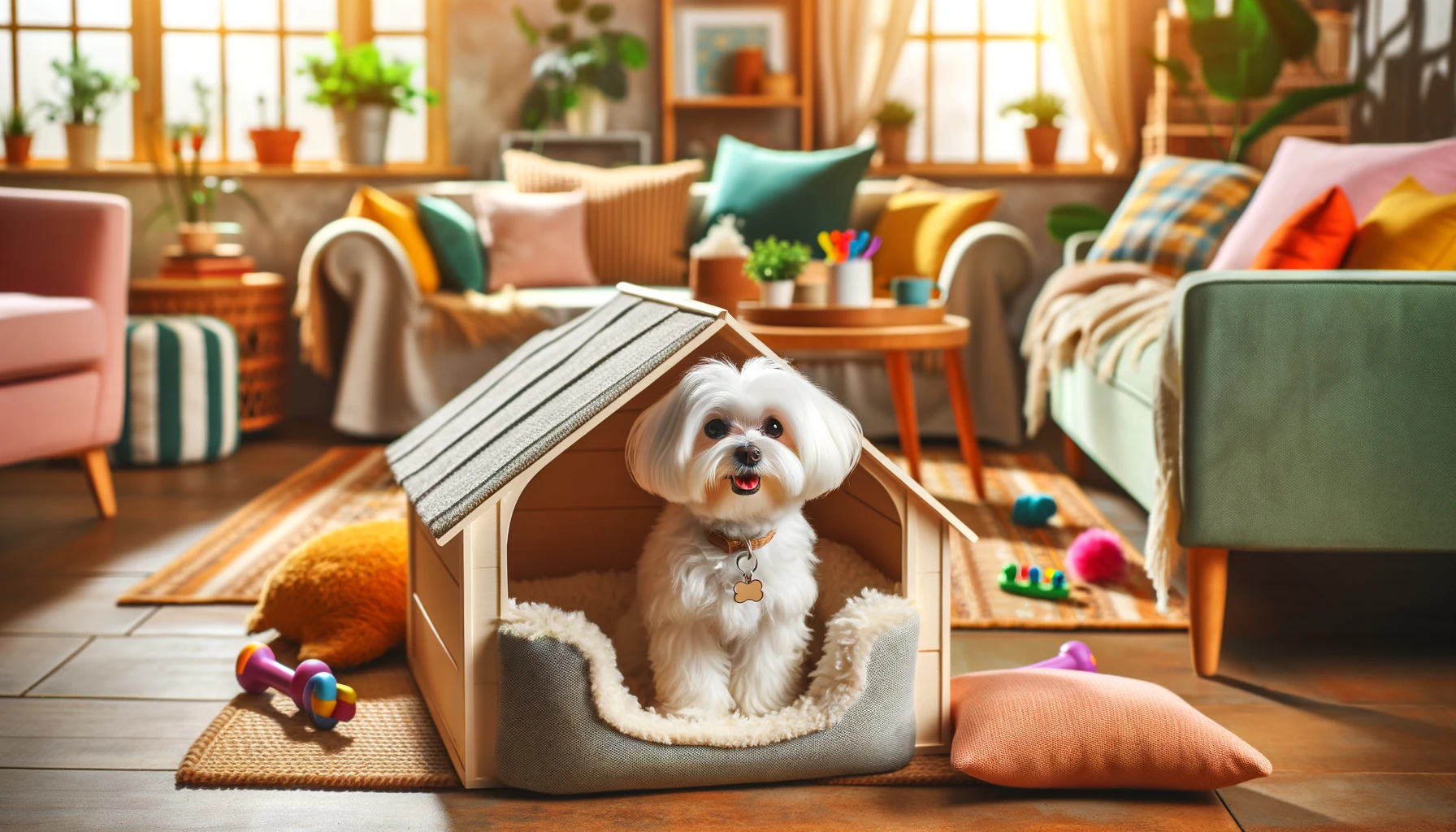 a maltese dog in an inside dog house