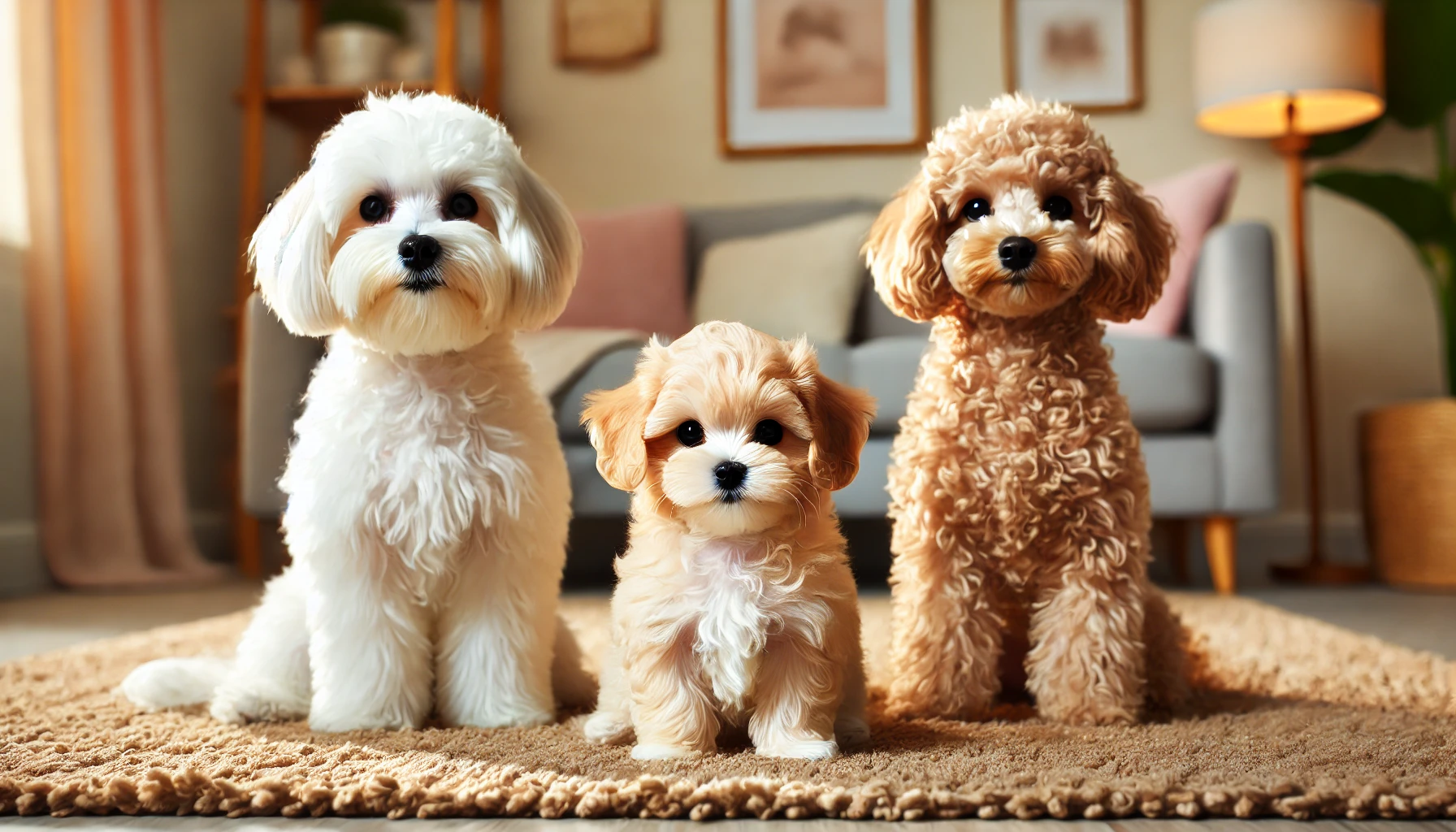 image of a Toy Maltipoo puppy sitting between an adult Maltese and an adult Toy Poodle in a cozy room