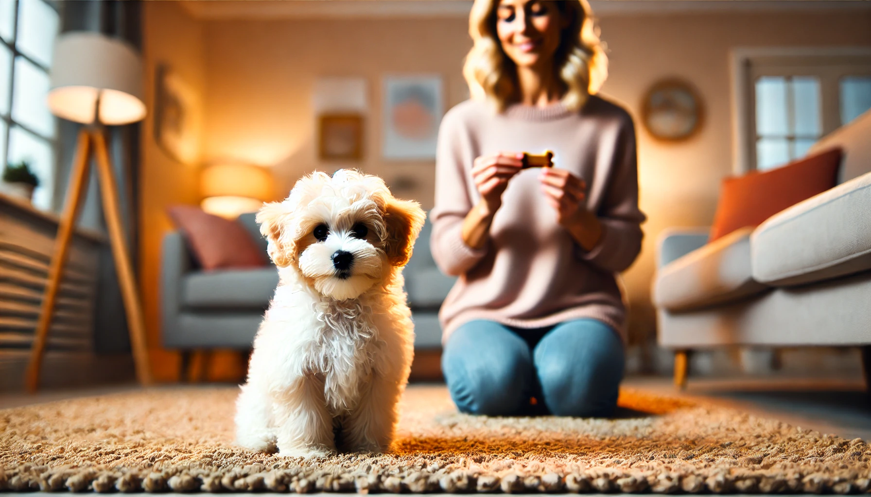 image of a small Toy Maltipoo puppy with a fluffy, cream or white coat and no dark markings, sitting attentively in front of a woman