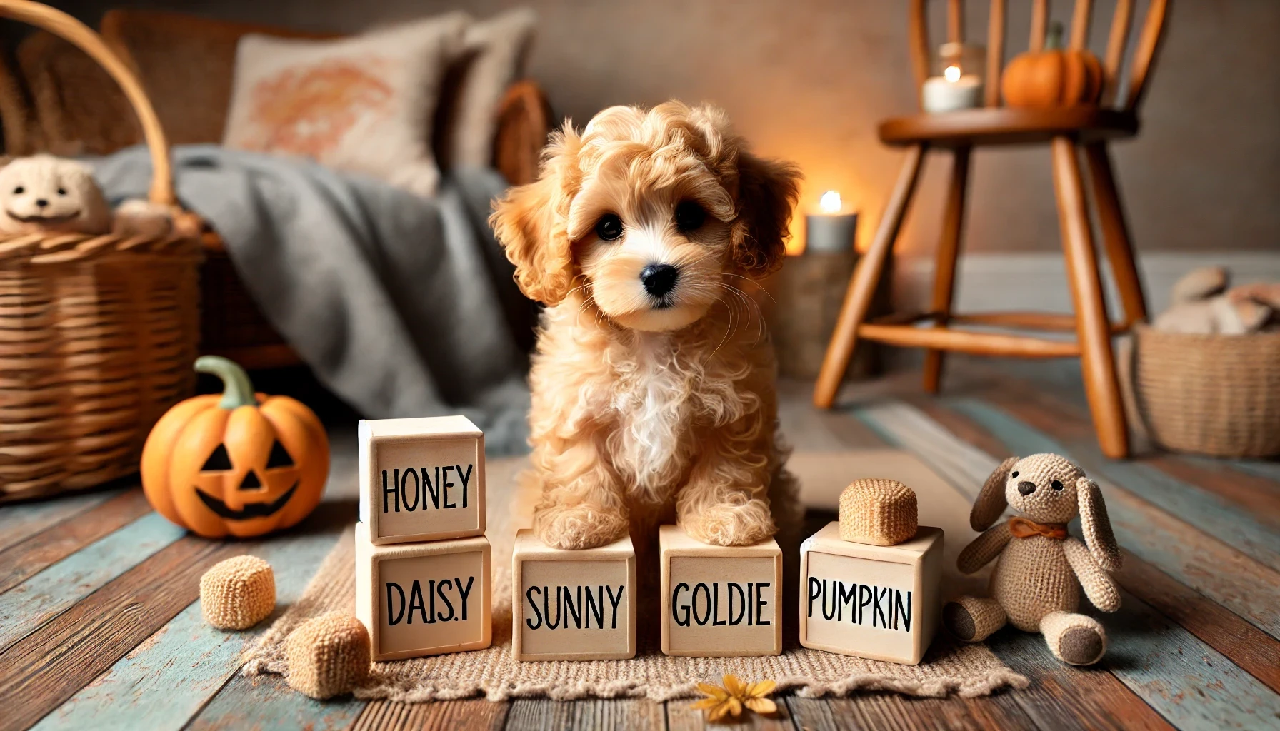 A cozy scene featuring an apricot Maltipoo puppy sitting contently surrounded by toy wooden blocks with names on them.