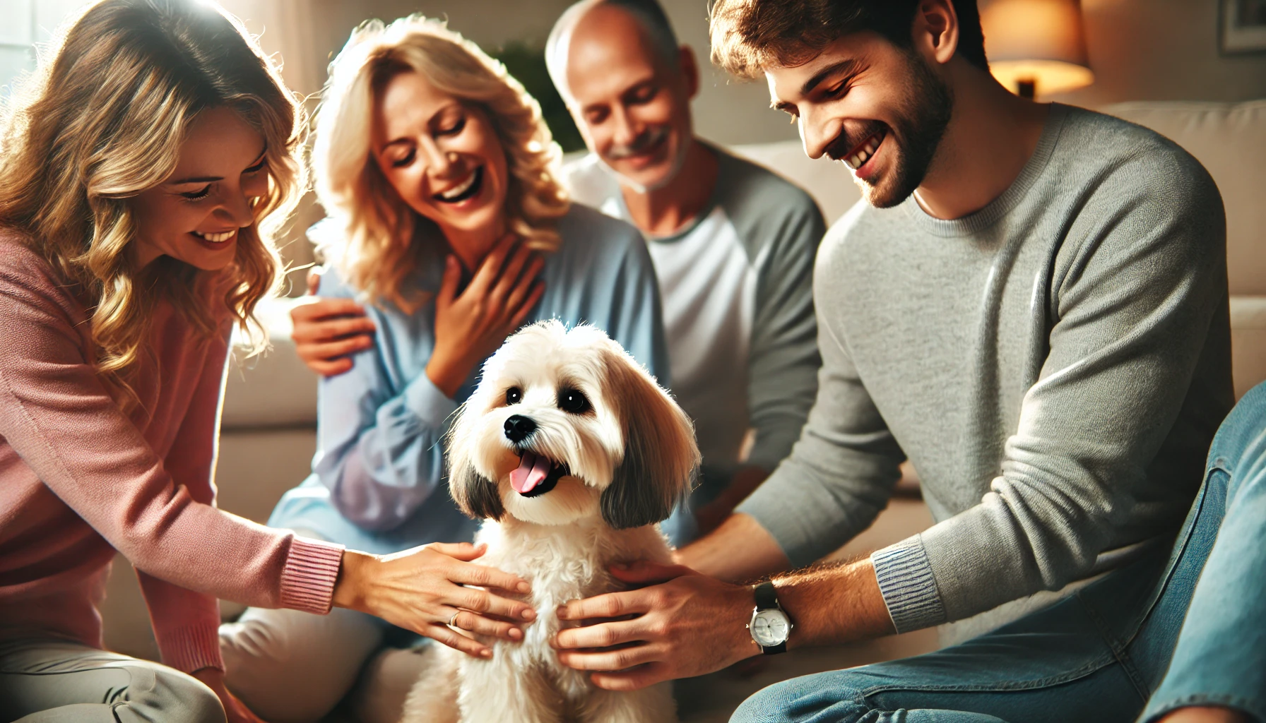 image of a happy Maltipoo being doted on by a human family. The setting is cozy and family-like