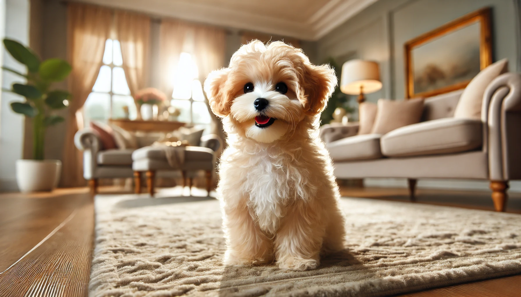 image of a Toy Maltipoo sitting on a soft rug in a cozy, warmly lit living room. The Toy Maltipoo is small