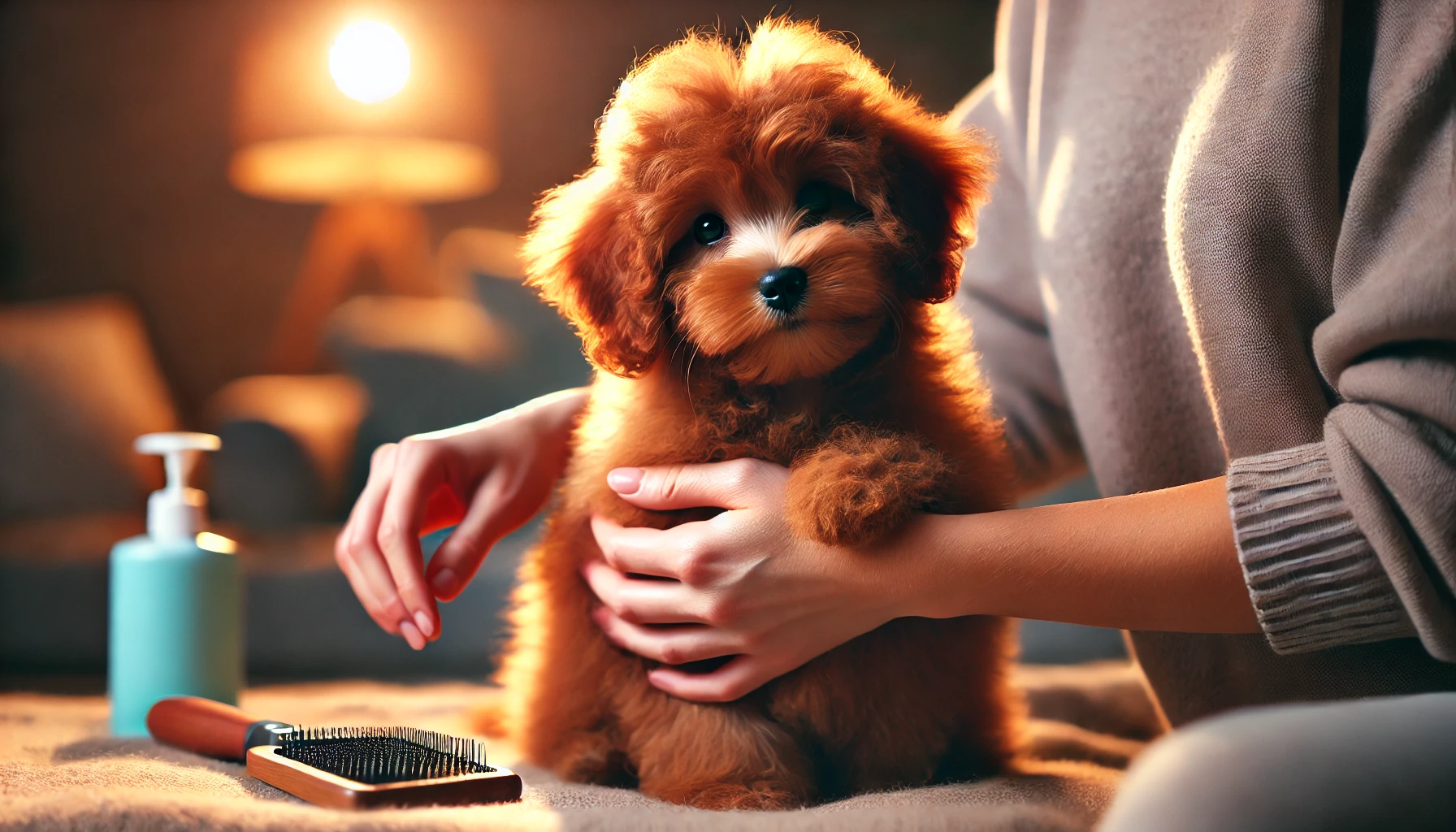 image featuring a red Maltipoo puppy being gently groomed. The puppy has a fluffy reddish-brown coat and looks calm and content