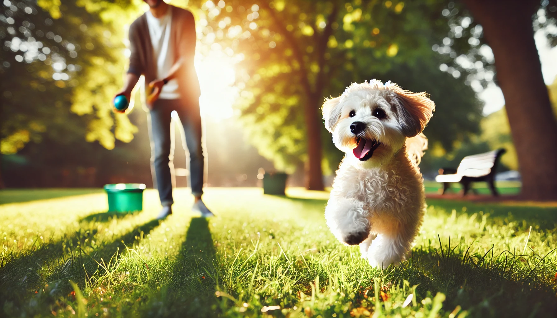 image of a Maltipoo playing fetch in the park with a person. The Maltipoo looks excited and happy, running towards the person