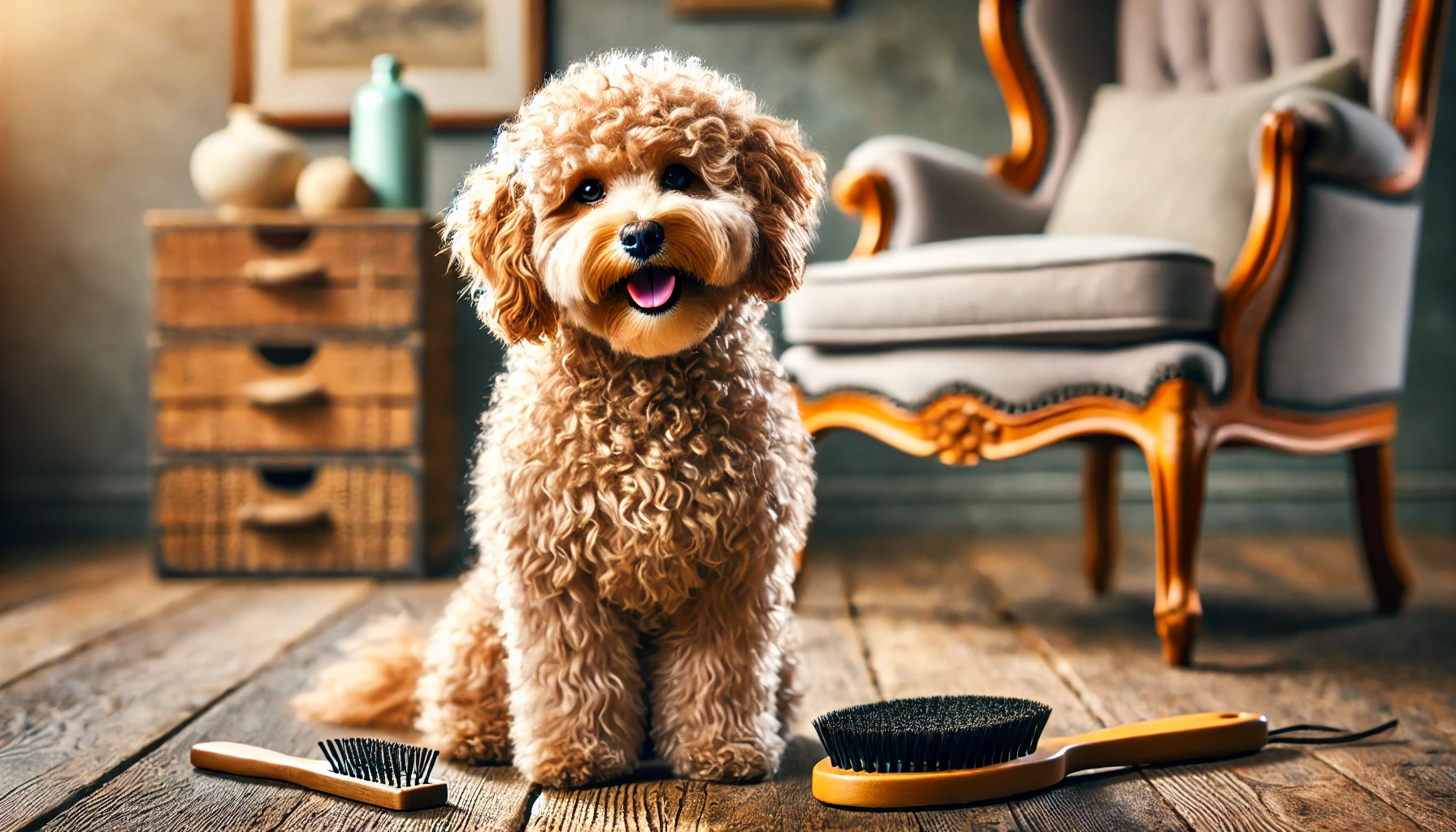 A cozy scene featuring a curly apricot Maltipoo sitting next to a dog brush. The Maltipoo has a fluffy, curly coat and is smiling happily