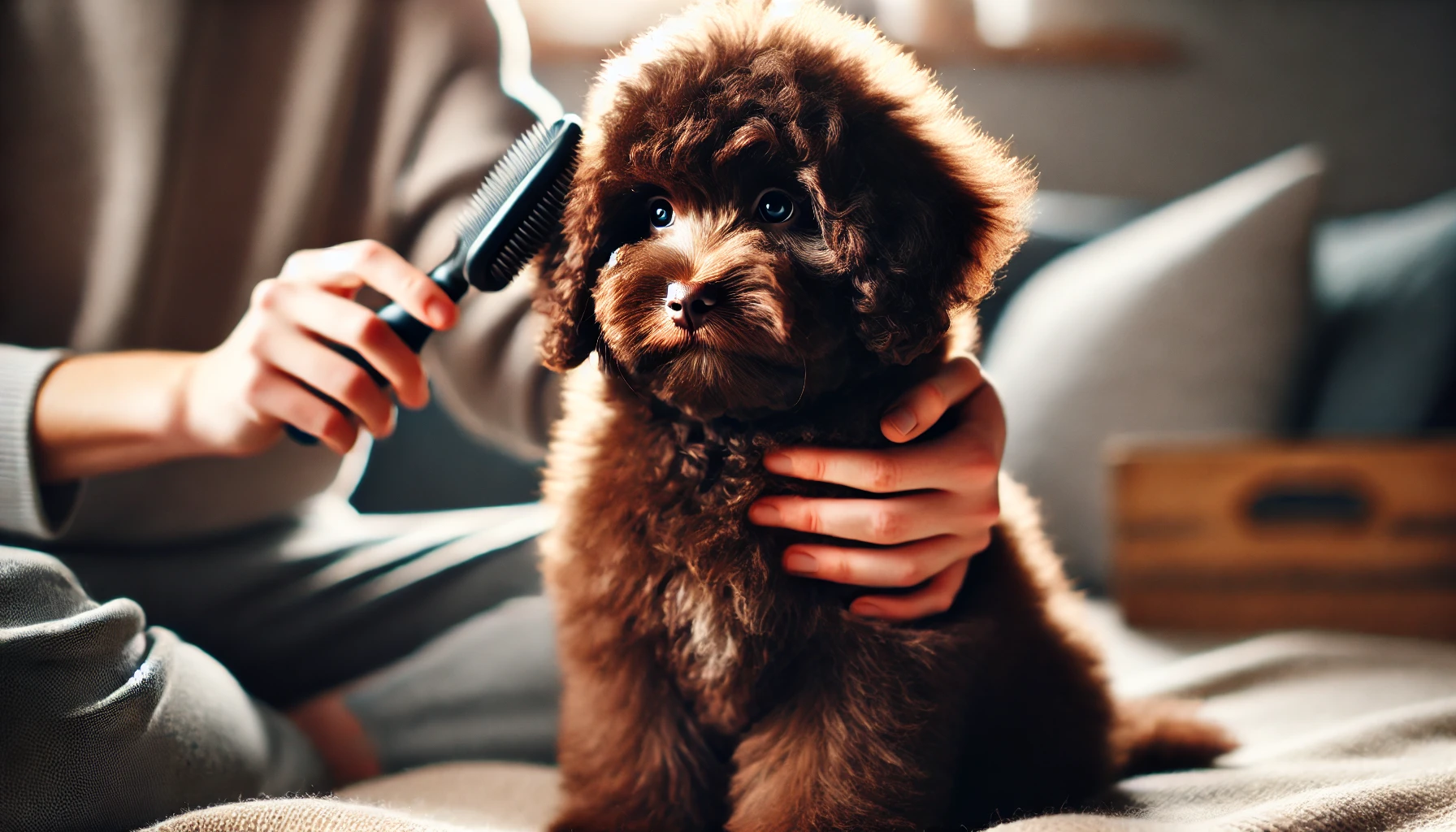 image featuring a chocolate Maltipoo puppy being gently groomed. The puppy has a fluffy, chocolate-brown coat and looks calm