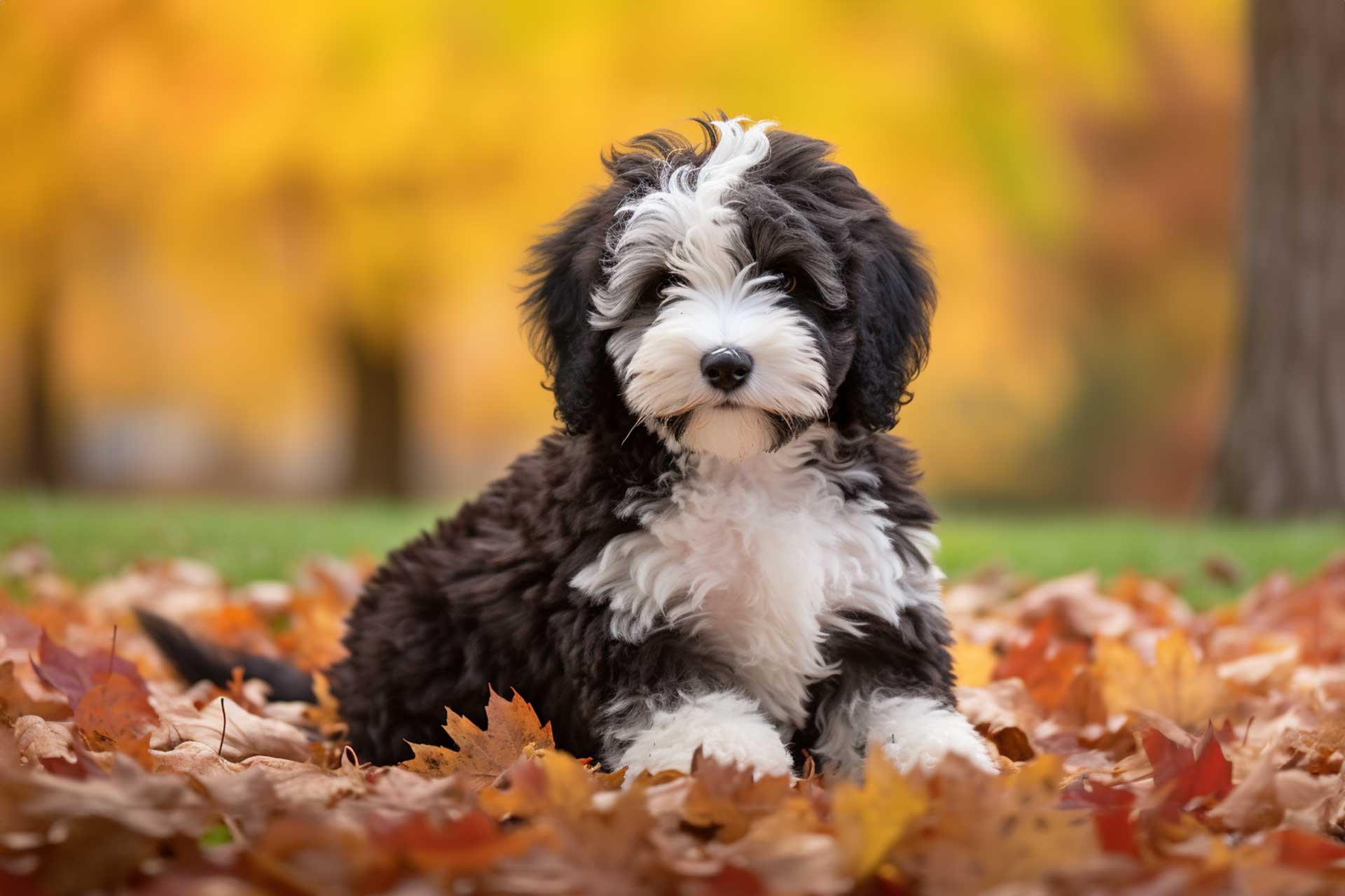 black and white Mini Sheepadoodle puppy