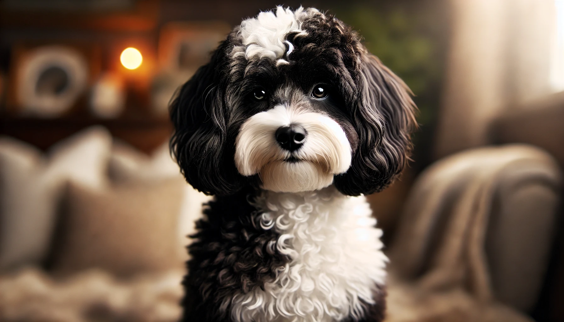 A high-quality image featuring a full-grown black and white Maltipoo with a parti coat. The dog has distinct black and white