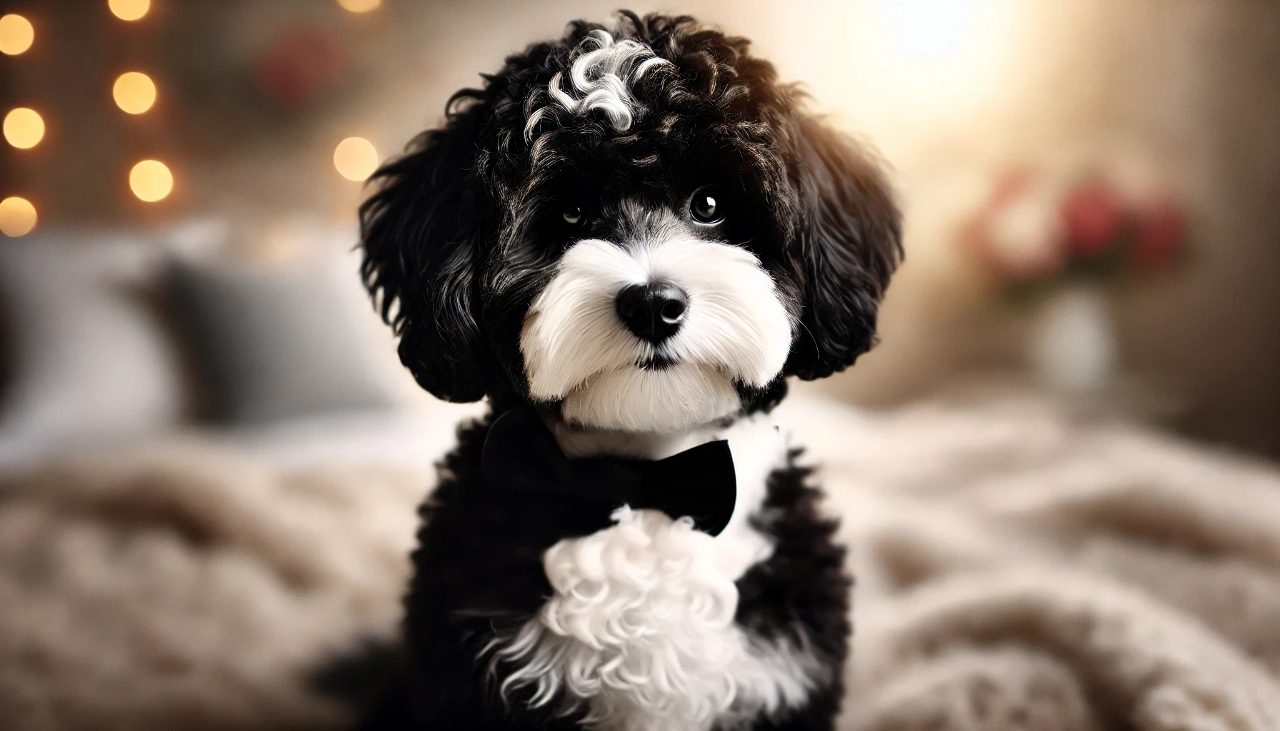 A high-quality image featuring an adult black and white Maltipoo with the popular tuxedo pattern.webp