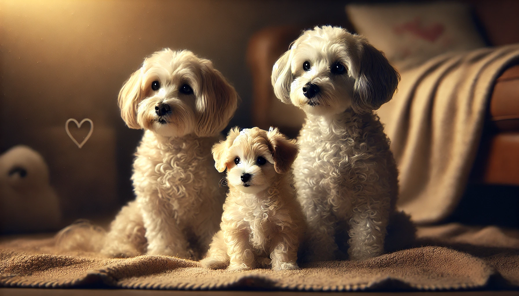 image featuring a Maltipoo dog sitting next to a Maltipoo puppy and a Maltipoo senior dog. The puppy is small and fluffy