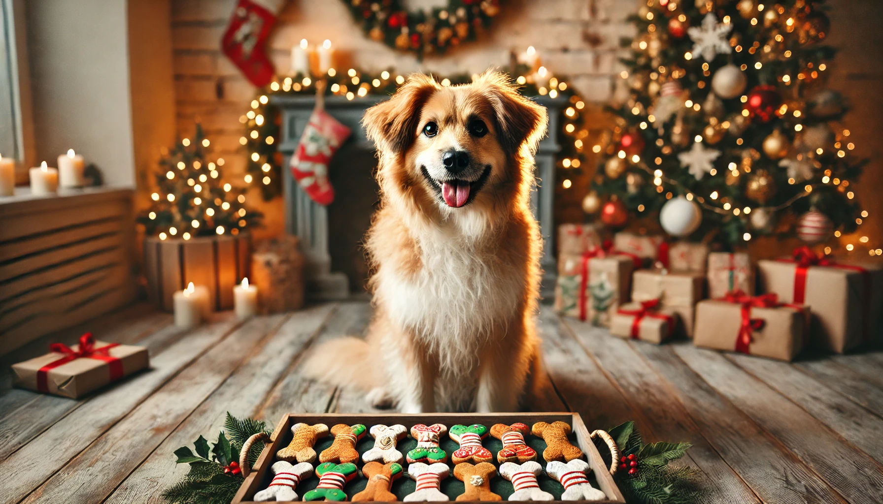 image of a dog sitting in front of a tray filled with festive Christmas dog treats. The dog looks happy and excited