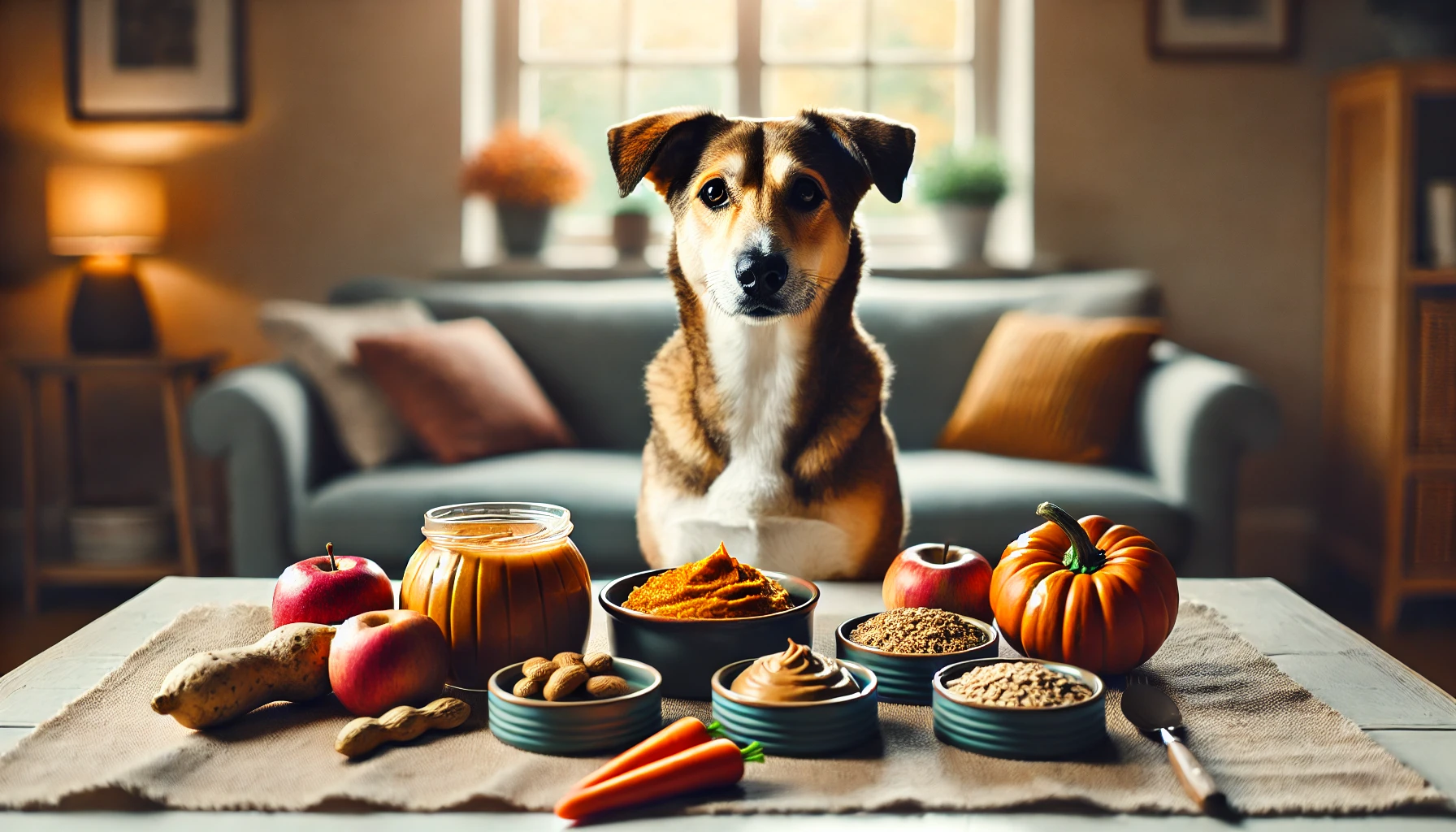 image of a dog sitting at a table with an assortment of dog-friendly foods in front of it