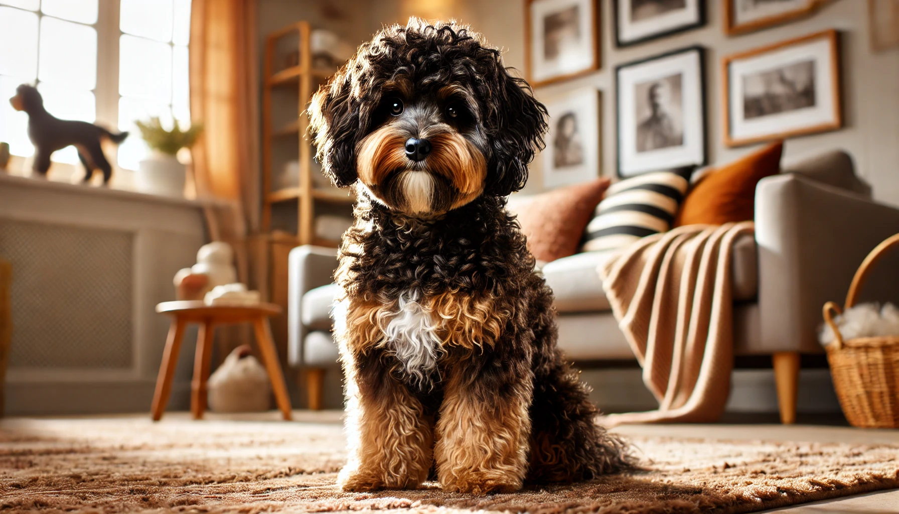 An image of a black and brown adult Maltipoo with a well-blended coat in a cozy, family setting