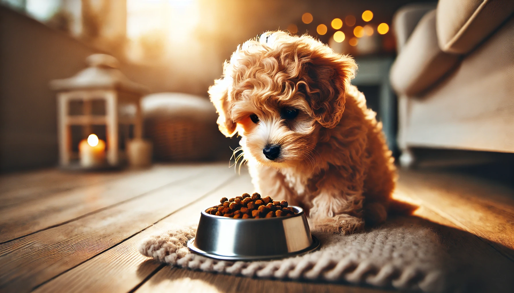 A cozy scene featuring an apricot Maltipoo puppy eating from a bowl of dog food. The puppy has a fluffy, curly coat and is focused on the food