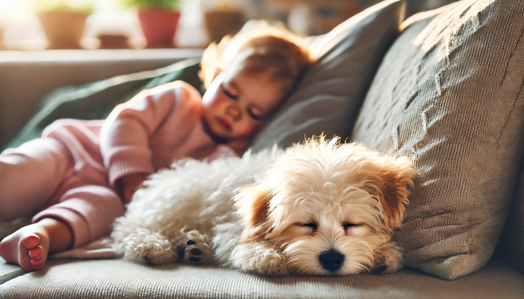  image of a Maltipoo sleeping on a cozy couch next to a toddler. The Maltipoo has a fluffy, soft coat and looks peaceful