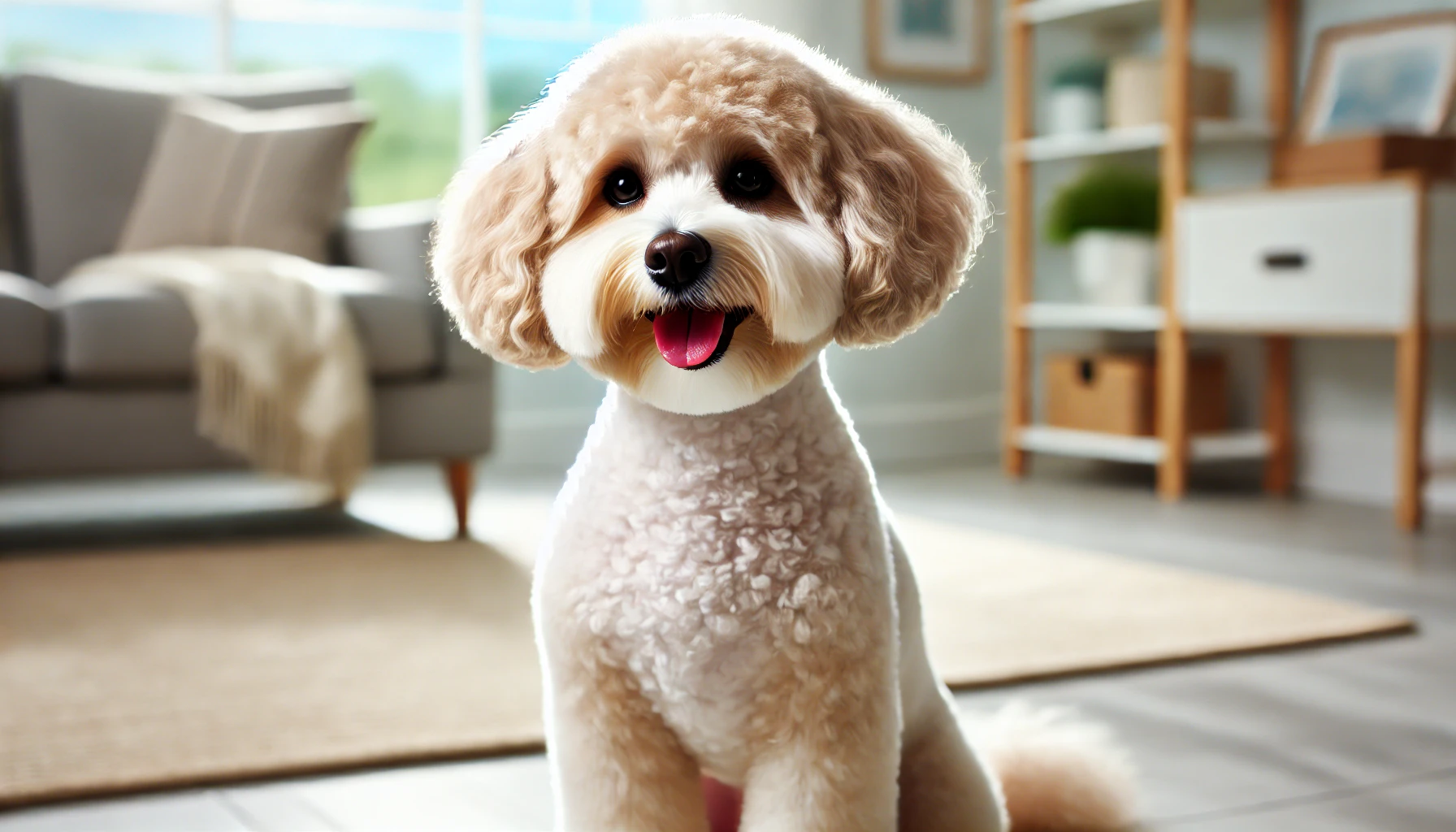  image of a Maltipoo with a Summer Cut. The dog's coat is trimmed very short, around ¼ inch all over the body