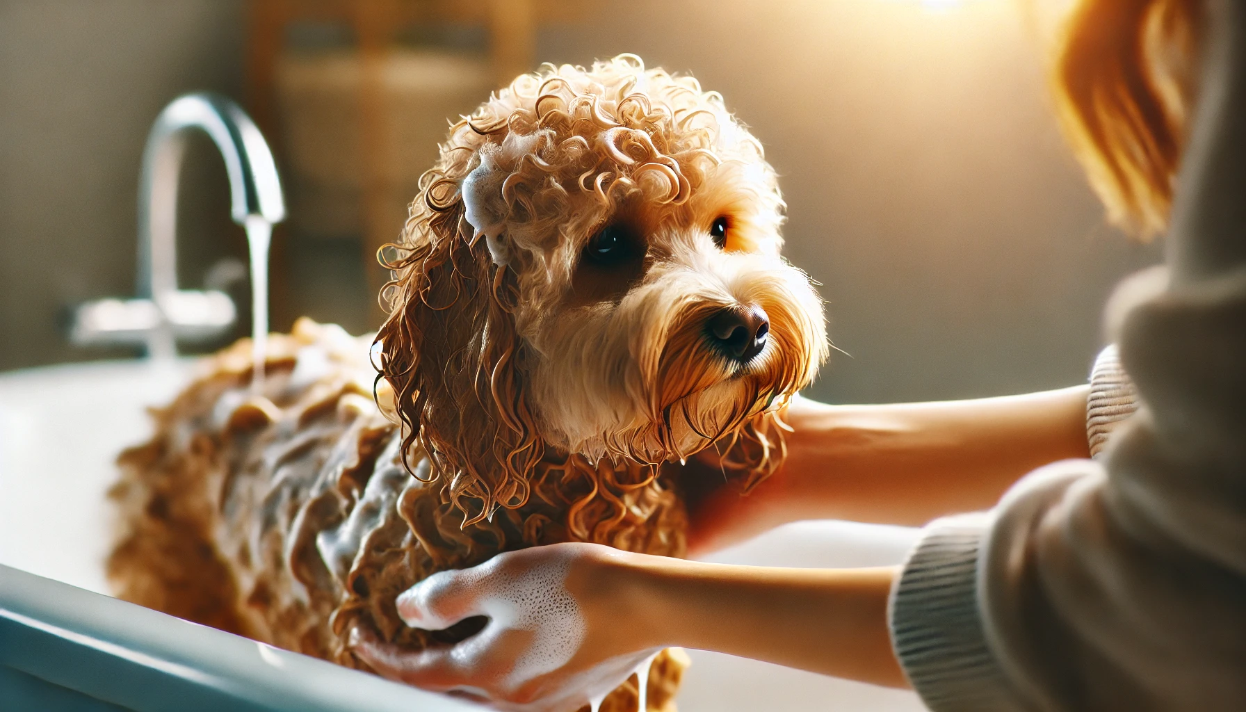 image of a tan Maltipoo being bathed by a person, with the dog covered in shampoo. The Maltipoo has a wavy tan coat and looks calm