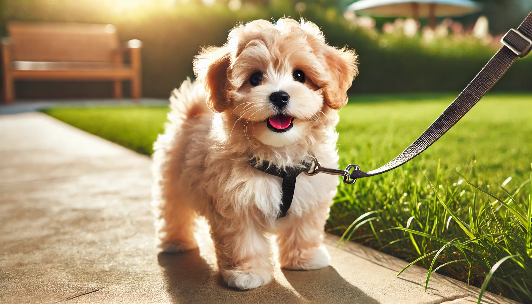 image of a Maltipoo puppy on a leash, standing happily outdoors on a grassy area