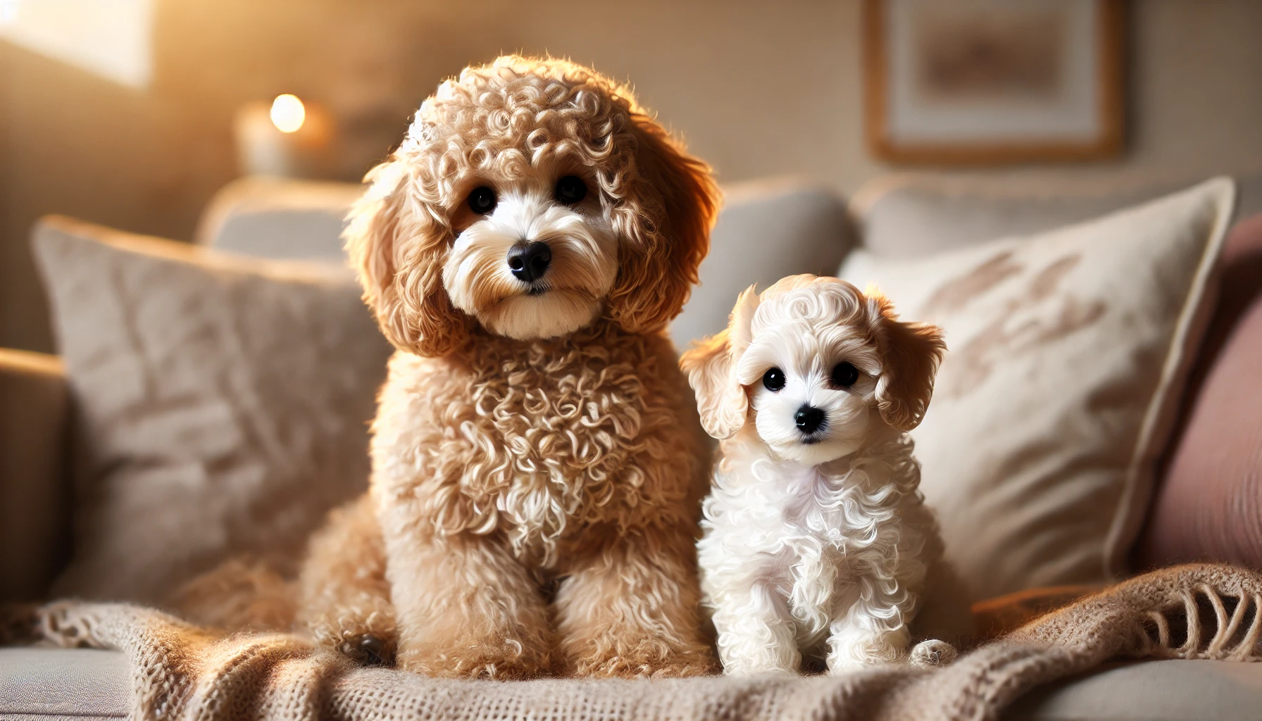 image of a curly F1B Maltipoo puppy sitting next to a small Toy Poodle dog. The Maltipoo has a fluffy, curly coat and is light-colored