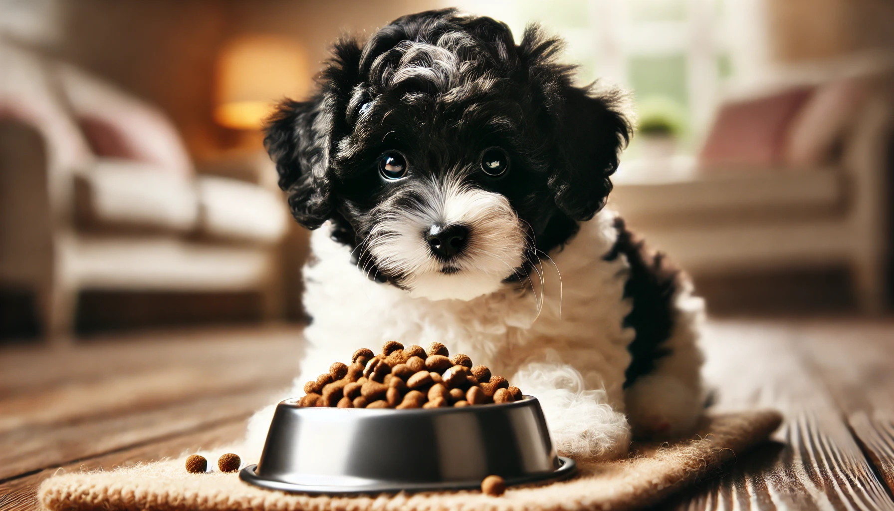 A high-quality image featuring an even cuter black and white Maltipoo puppy eating kibble from a food bowl. The puppy looks irresistibly adorable