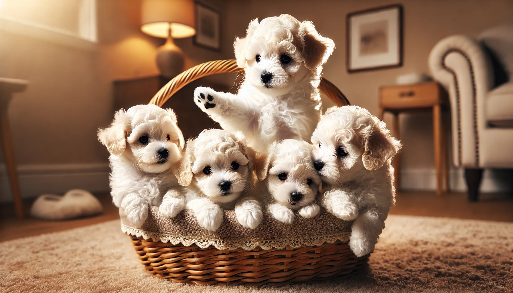 image of five Toy Maltipoo puppies, all 6 weeks old, sitting and playing in a cozy basket. The puppies have fluffy cream or white coats