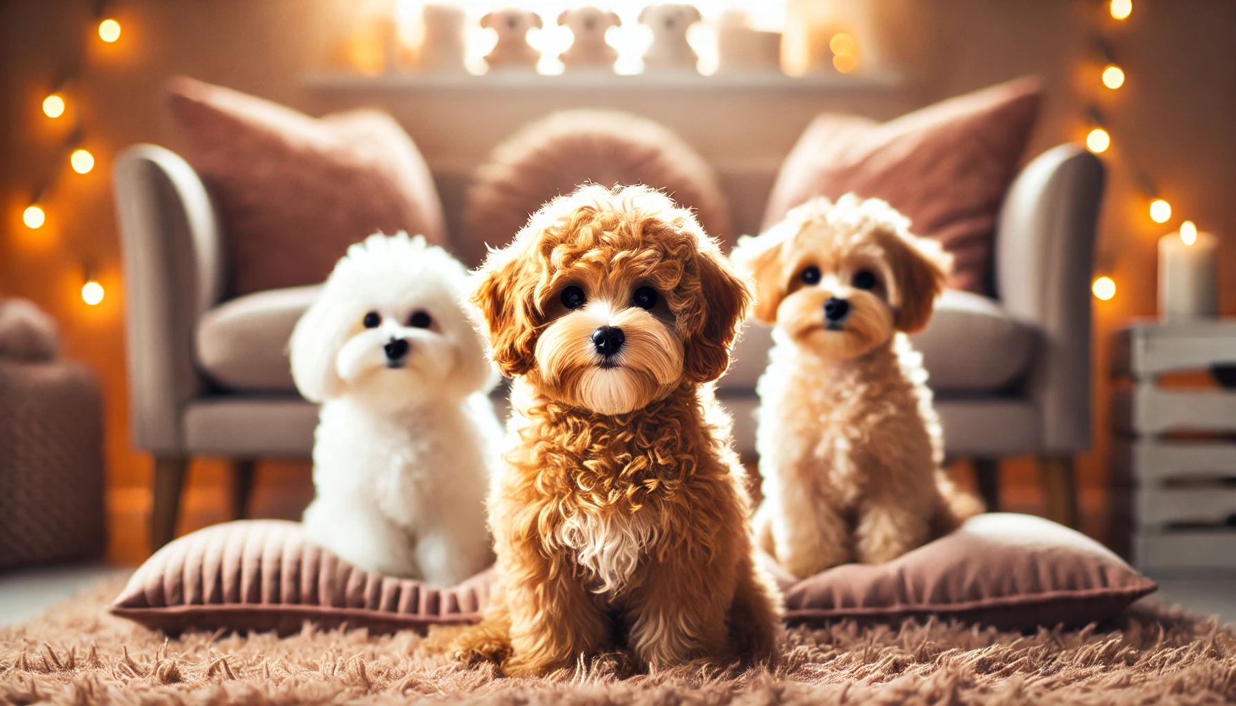 A cozy scene featuring three small dogs of equal size sitting together. In the center is a cute, fluffy Maltipoo with a solid apricot-colored