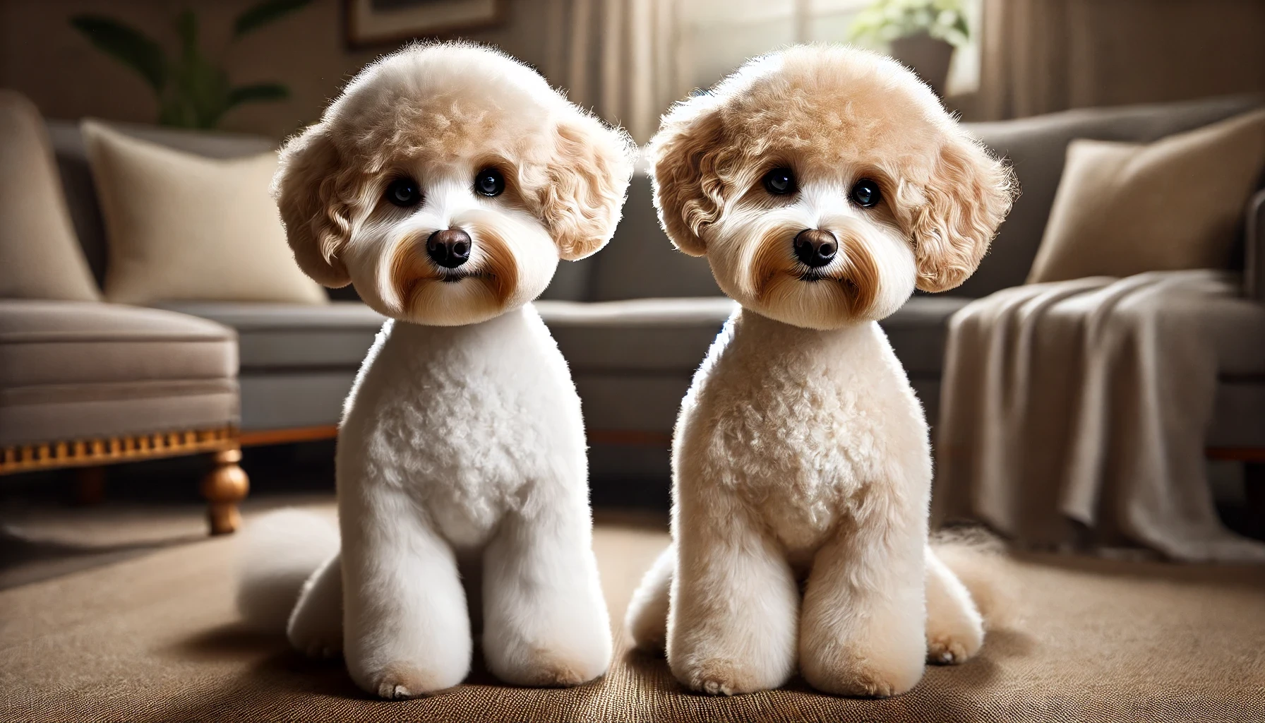 image of two Maltipoos sitting side by side, one male and one female, each with a distinct, well-groomed haircut