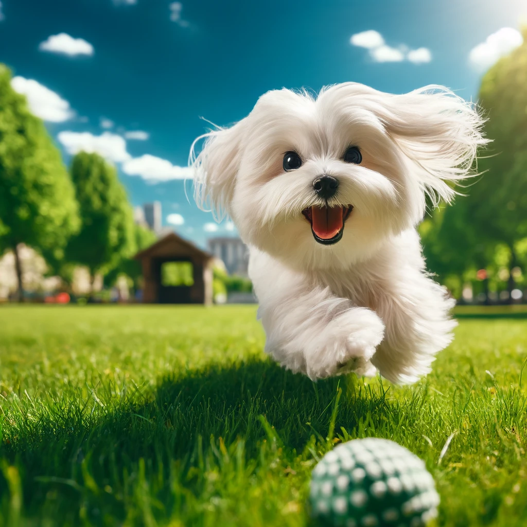 a maltese dog playing fetch outdoors