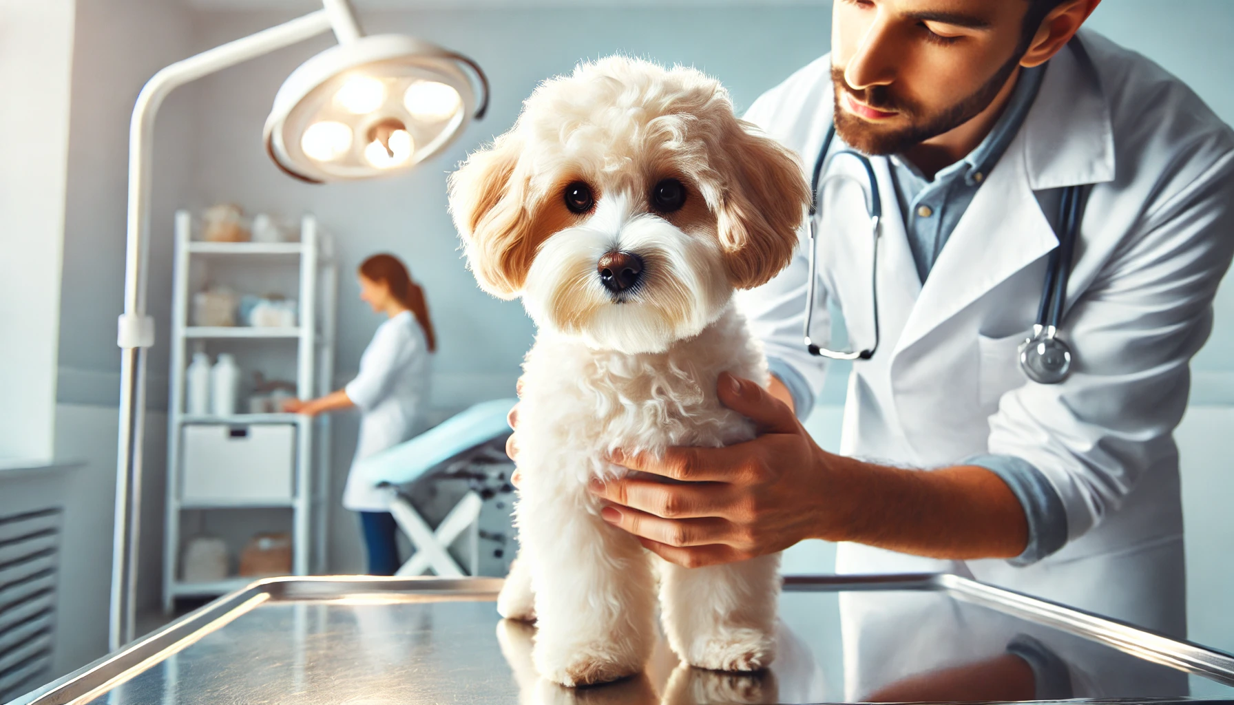 image of a Maltipoo at the vet being inspected. The Maltipoo looks calm and well-behaved as the veterinarian examines it