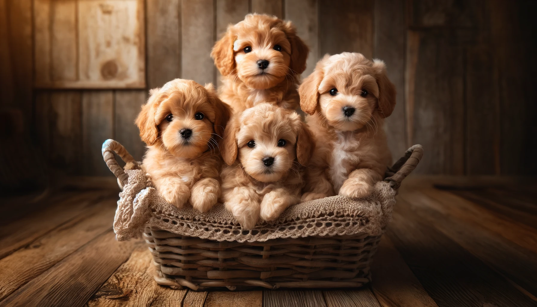  A cozy scene featuring four small apricot Maltipoo puppies, all under 7 weeks old, sitting together in a basket. Each puppy has a fluffy, curly coat 