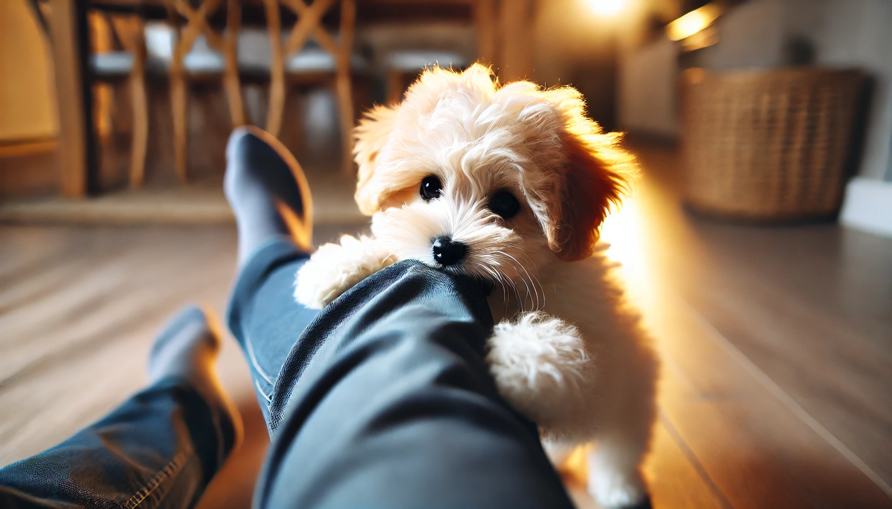 image of a Maltipoo puppy nipping at the bottom of someone's pant leg