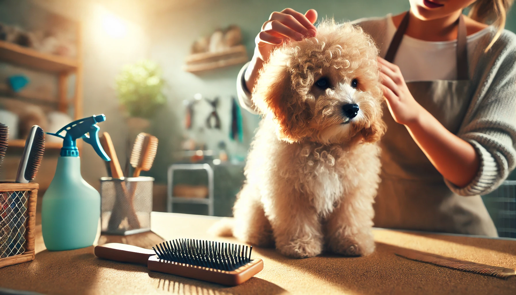 image of a small and curly Maltipoo being brushed. The scene shows the Maltipoo sitting calmly while a person gently brushes its coat