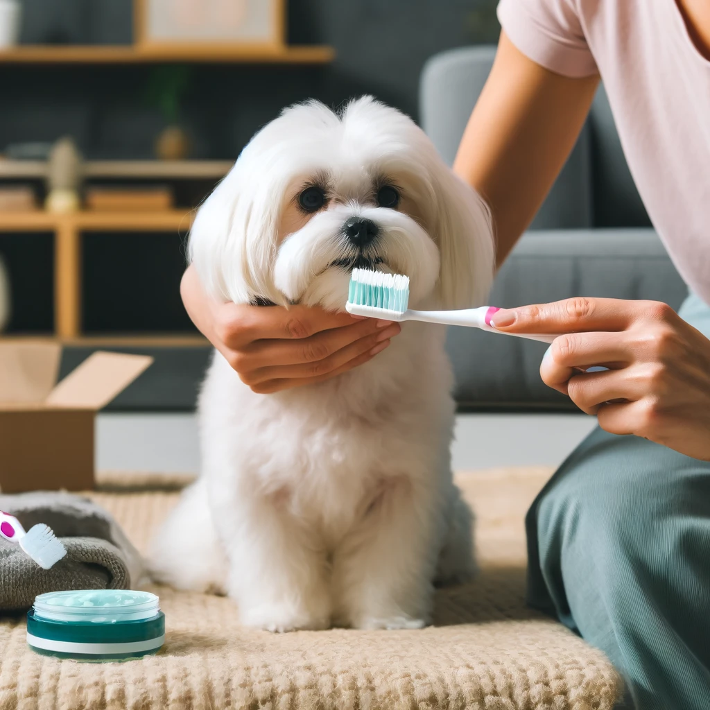 a maltese dog getting his teeth brushed by a person