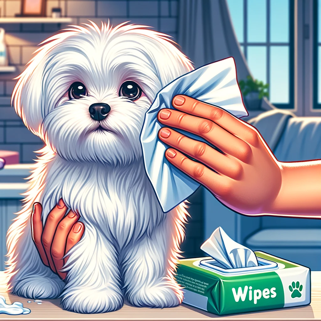 a person wiping a Maltese dog's face