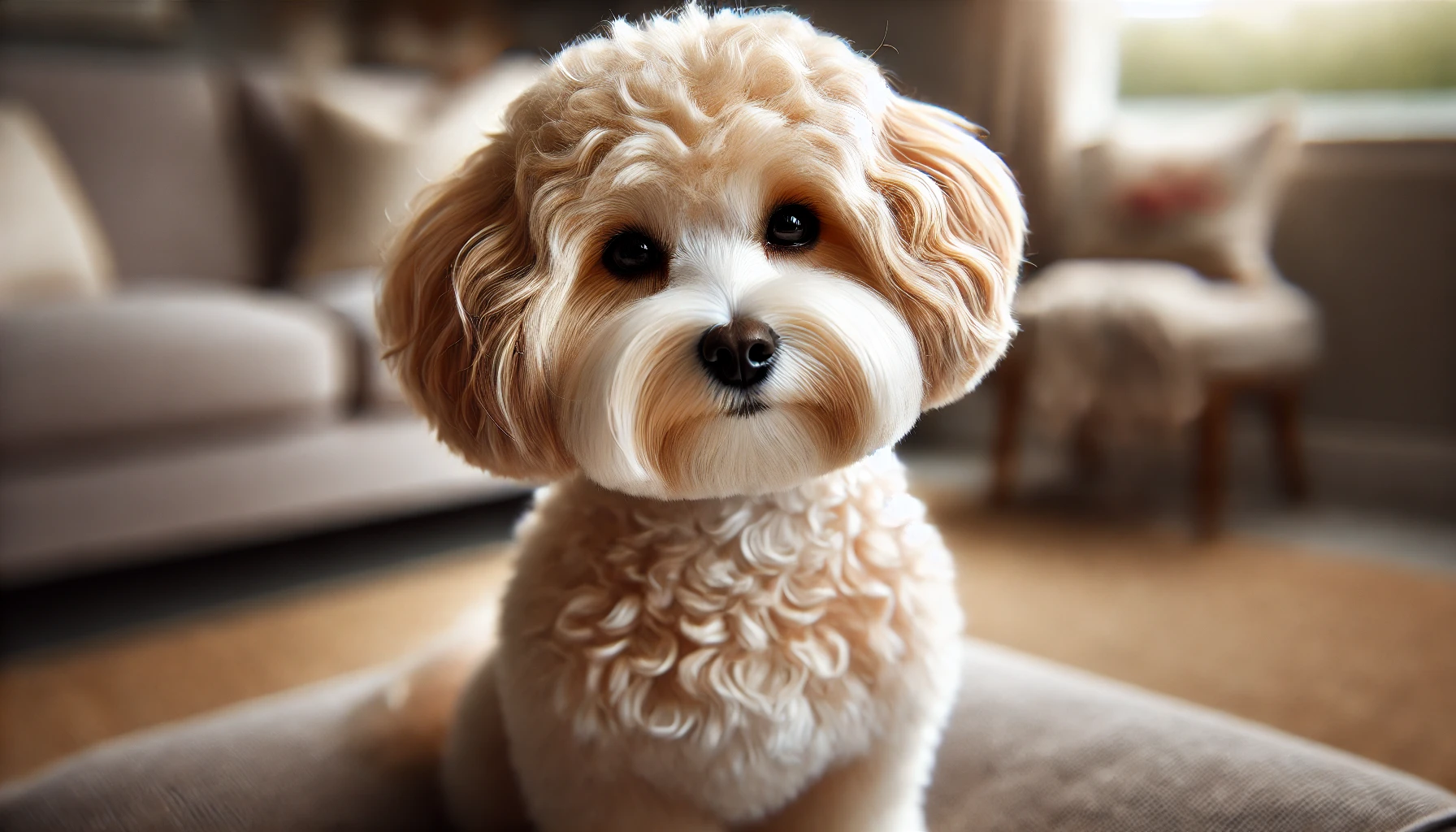 image of a small Maltipoo with soft, gentle waves in its fur. The dog's coat is evenly trimmed to a longer length