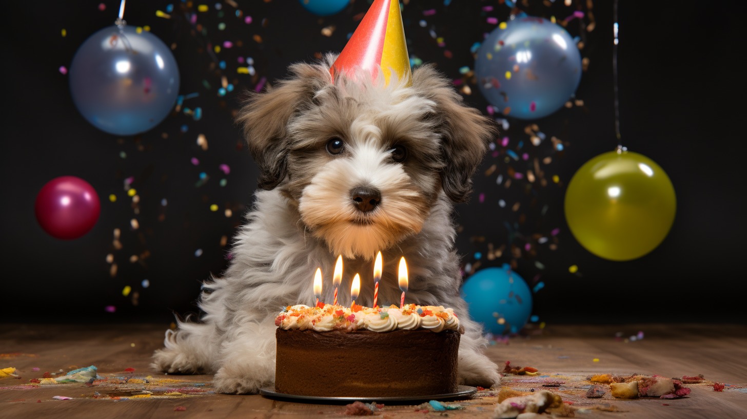 small dog sitting beside its birthday cake with colorful balloons in the background