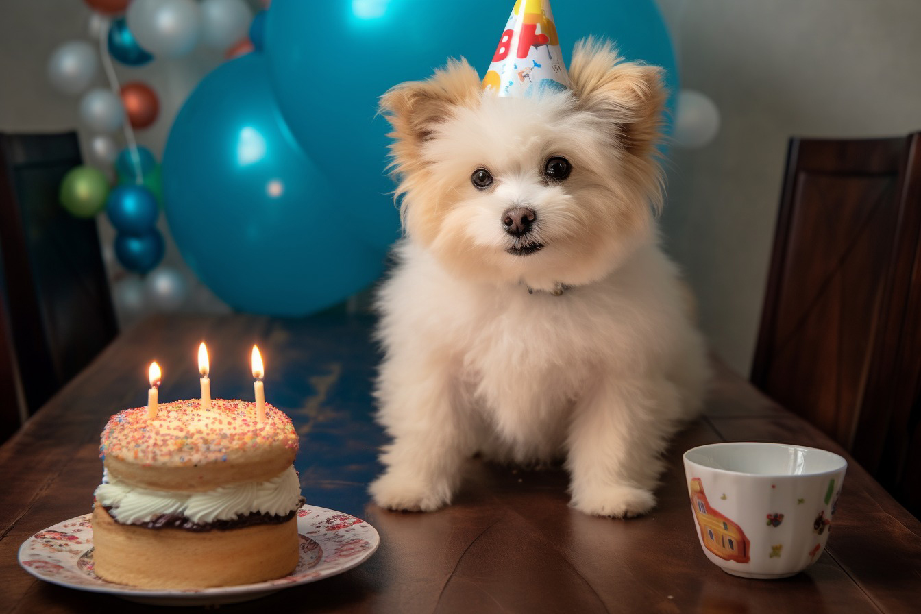 excited small white dog eyeing a specially made birthday cake
