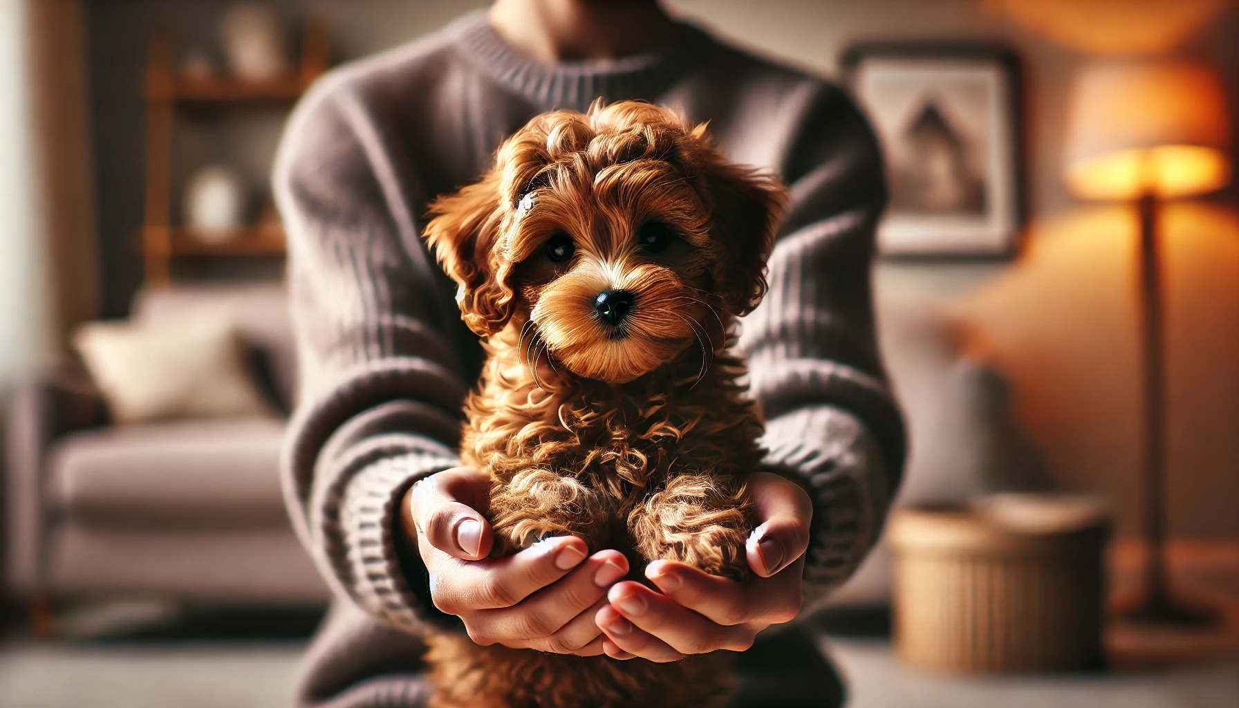 A high-quality image featuring a brown Maltipoo puppy being held up by a person, facing the camera. The puppy looks happy and adorable