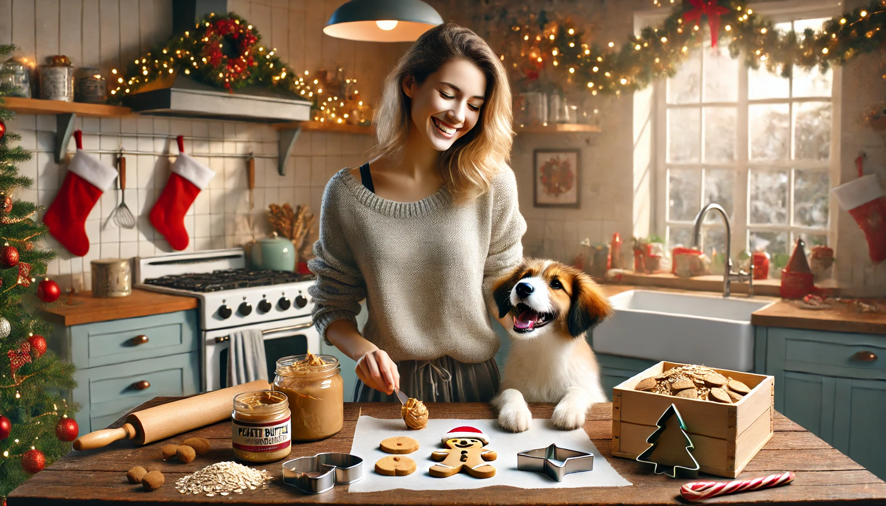 image of a person in a festive kitchen happily making Christmas dog cookies