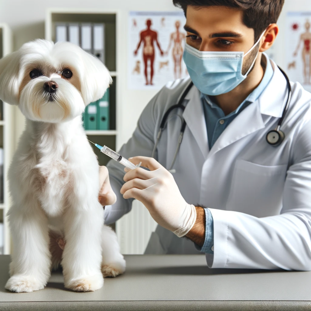 a maltese dog getting vaccinated by a veterinarian