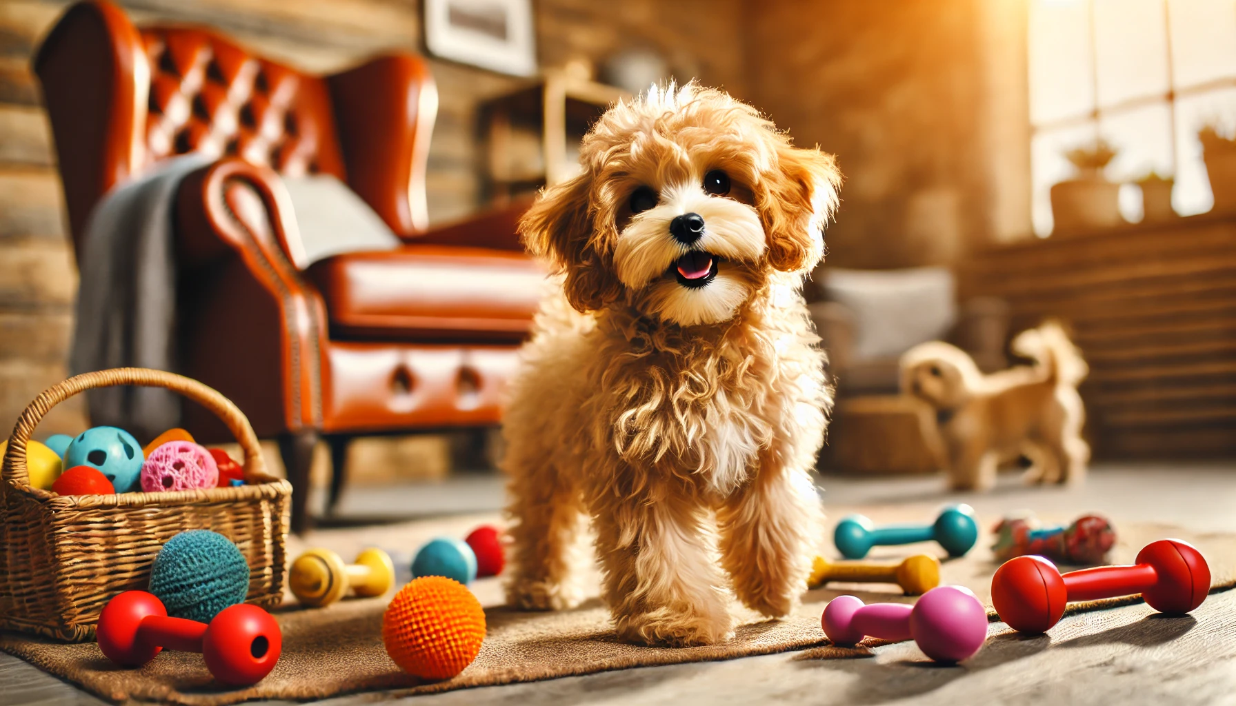 A cozy scene featuring an apricot Maltipoo playing inside a warm, inviting home. The dog is surrounded by colorful dog toys and looks happy