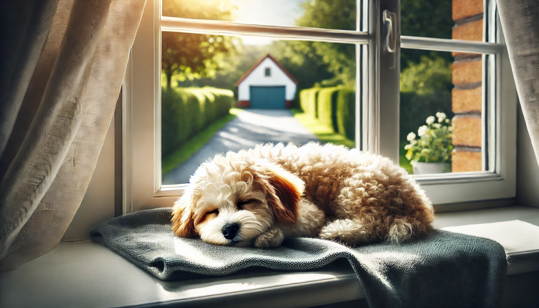  image of a Maltipoo dog peacefully sleeping by a window