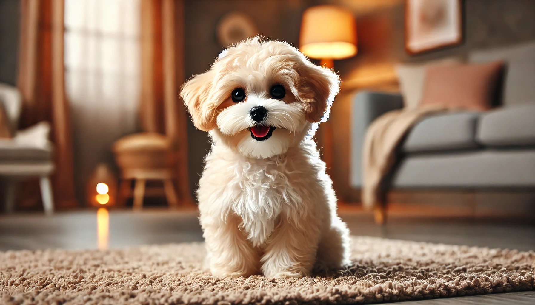 image of a small, adorable Maltipoo sitting happily on a soft rug in a cozy, warmly lit living room