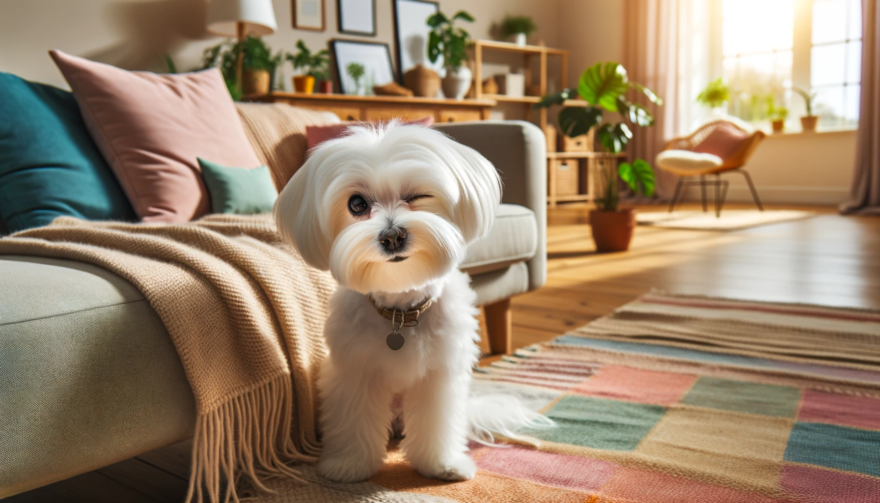 a cute maltese dog looking at the camera and winking