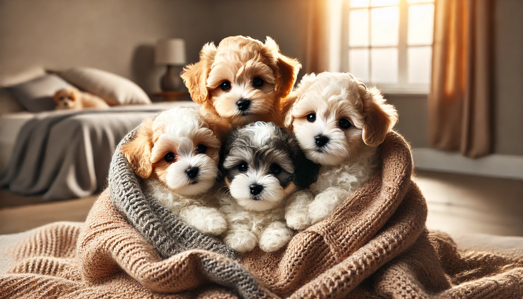 image of four Maltipoo puppies nestled together in a cozy blanket. Each puppy has a different coat color and pattern