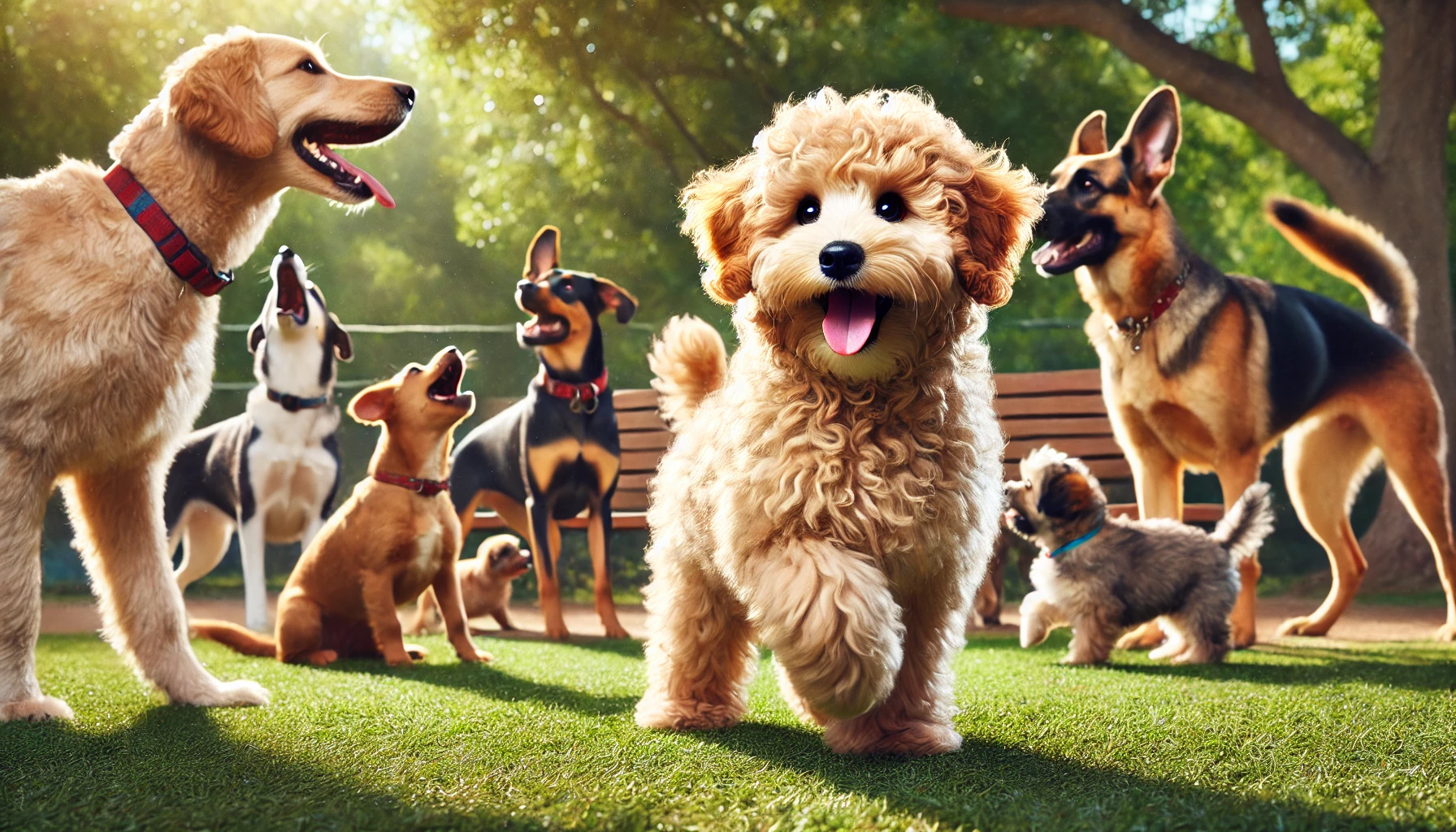 A high-quality image of a Mini Goldendoodle socializing with other dogs in a lively outdoor park