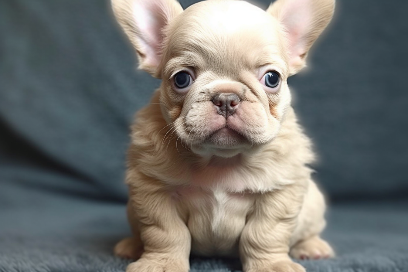 Close-up of a small white Fluffy French Bulldog puppy