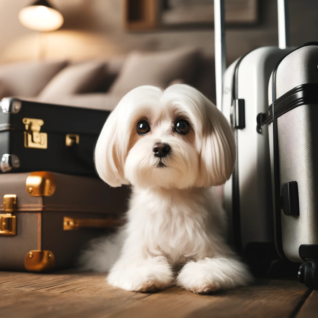 maltese dog surrounded by luggage