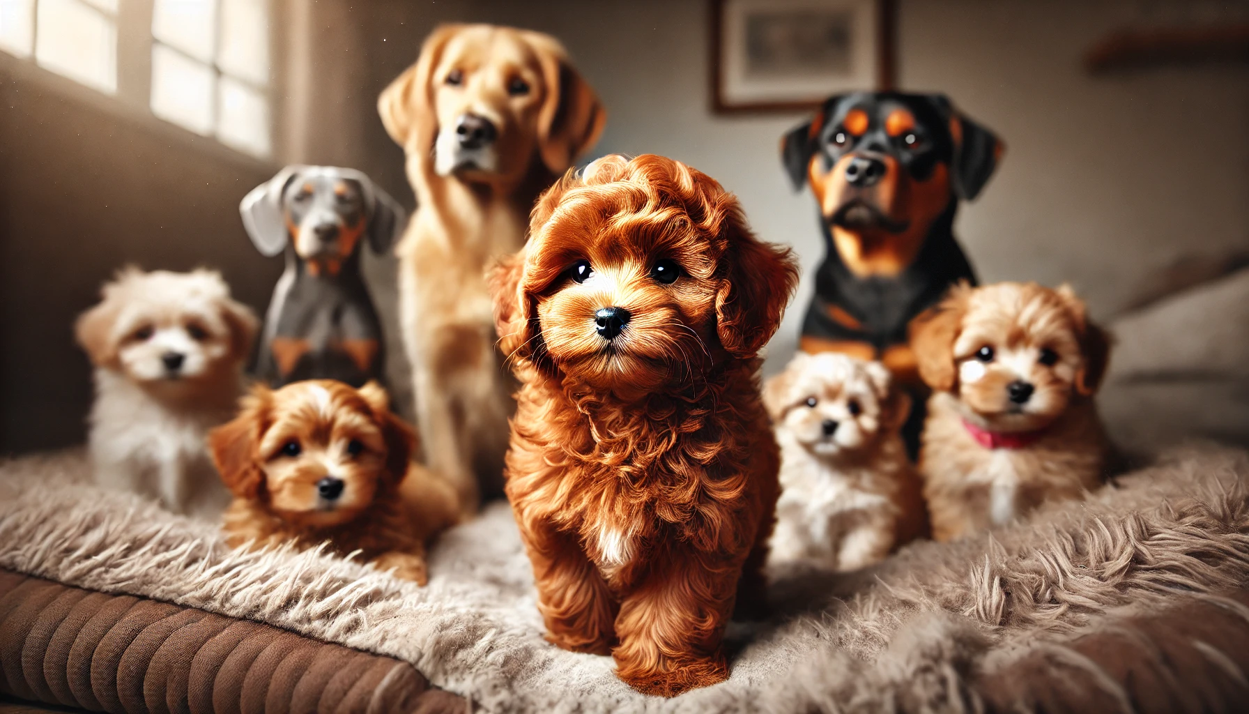 image featuring a red Maltipoo puppy standing out among a group of other dogs. The puppy's fluffy reddish-brown coat makes it stand out