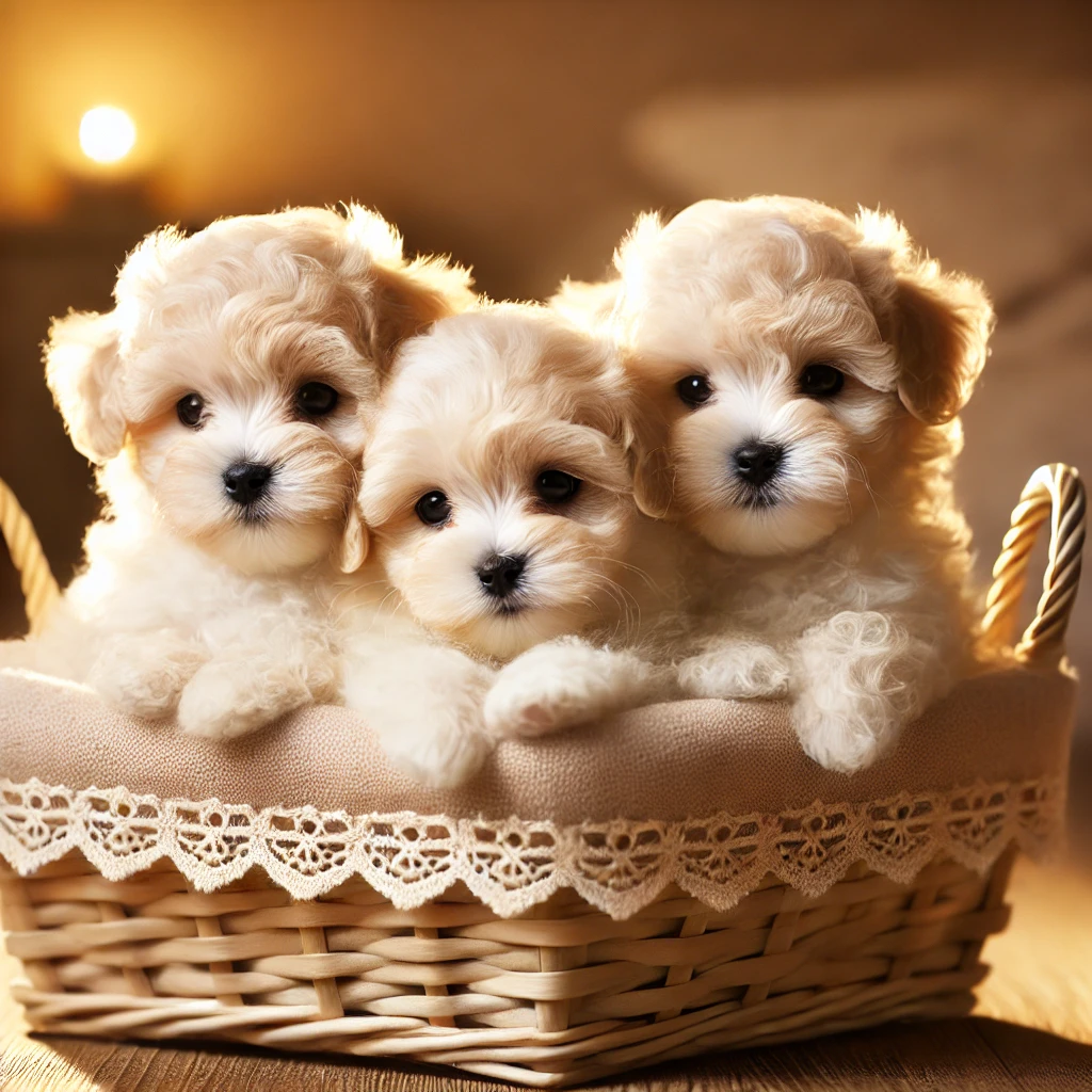 image of three teacup Maltipoo puppies sitting together in a cozy basket. The puppies look adorable and fluffy